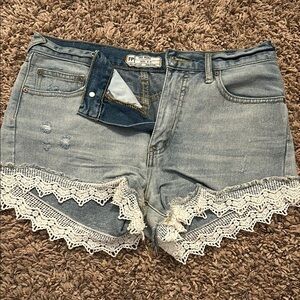 Free People Blue and White Jean Shorts with Lace Trim